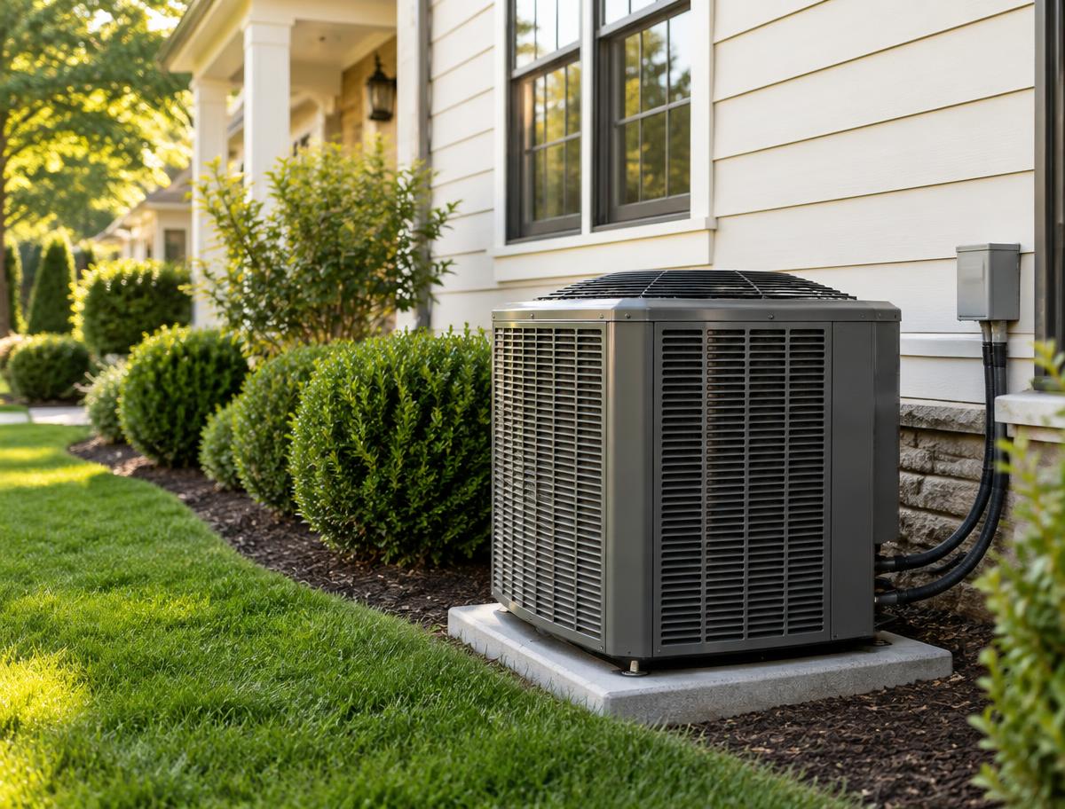 Outdoor air conditioning condenser beside a landscaped suburban home
