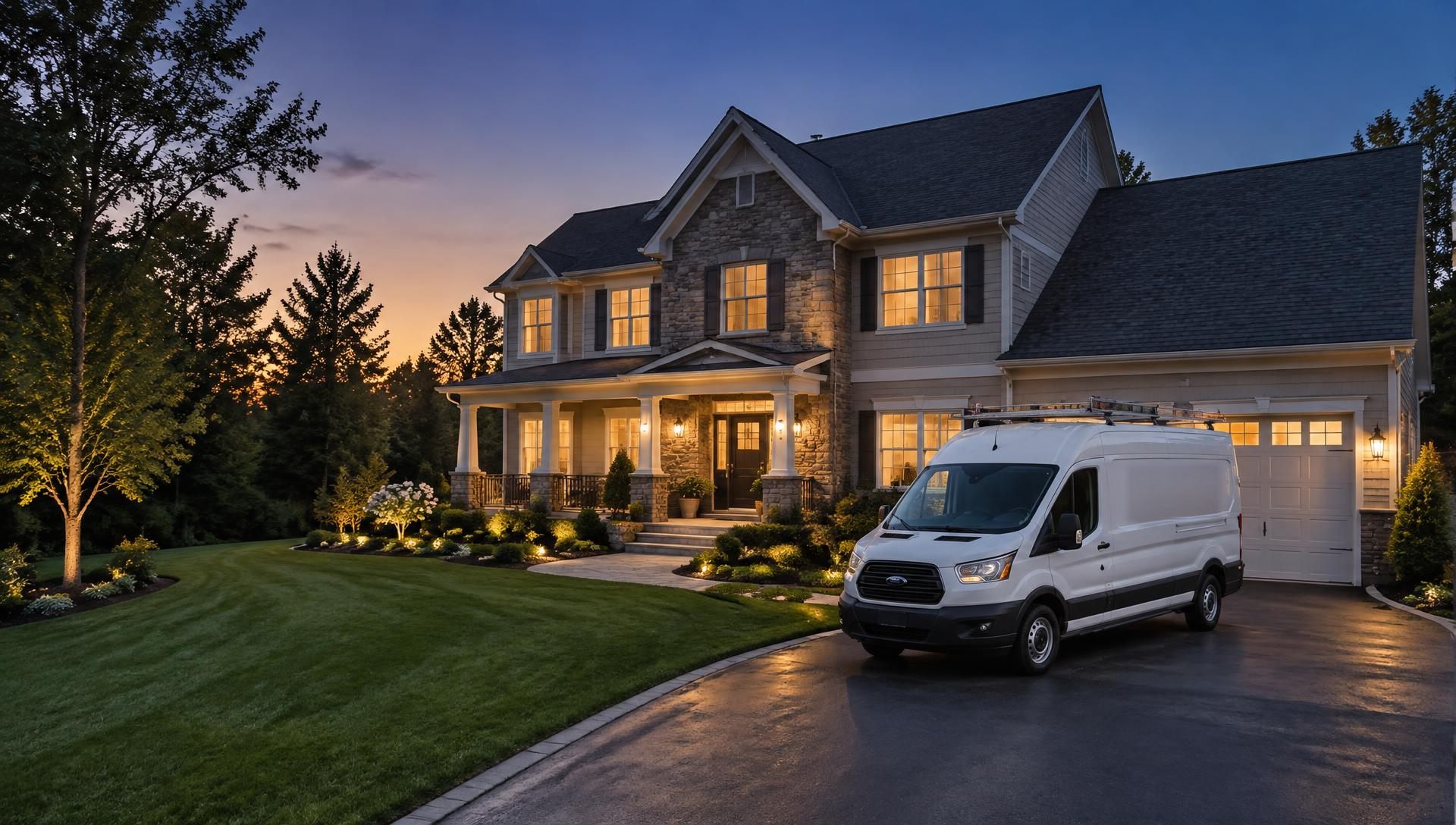 Elegant two-story suburban home at dusk with warmly lit windows and a professional service van in the driveway